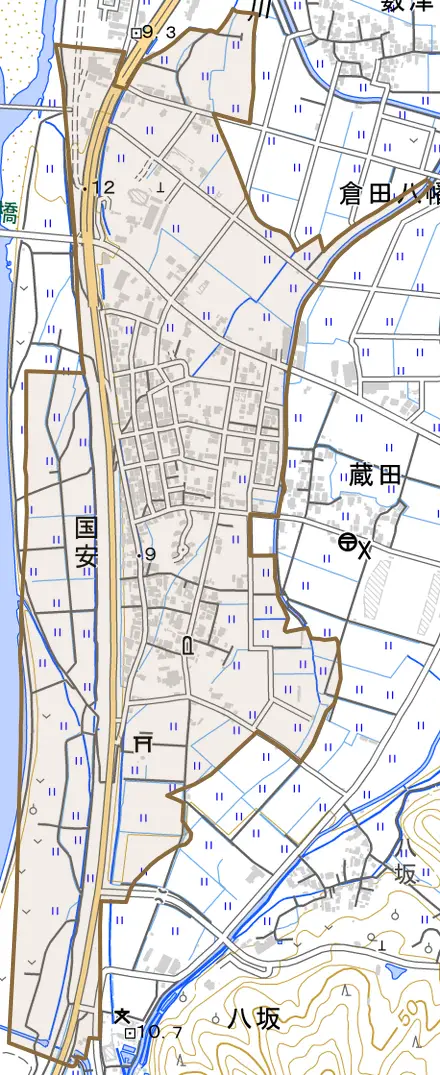 国安とその周辺の地図。町の範囲を重ねている
