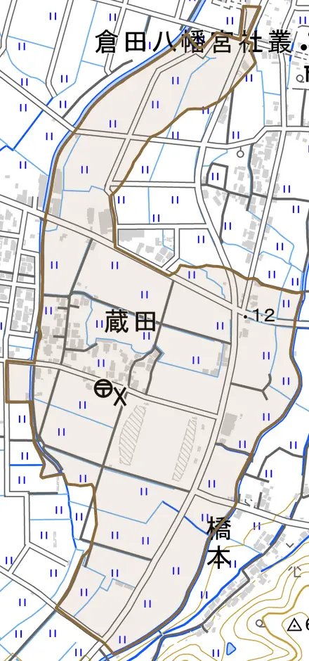 蔵田とその周辺の地図。町の範囲を重ねている