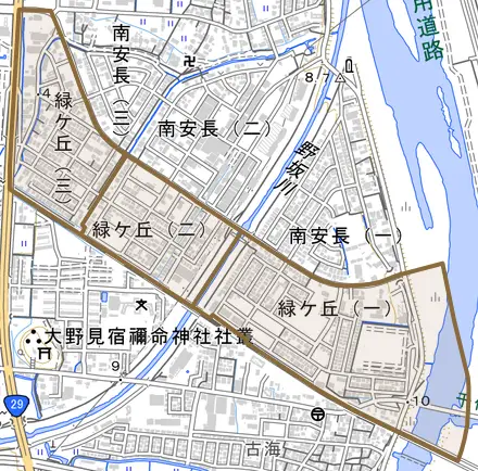 緑ケ丘とその周辺の地図。町の範囲を重ねている