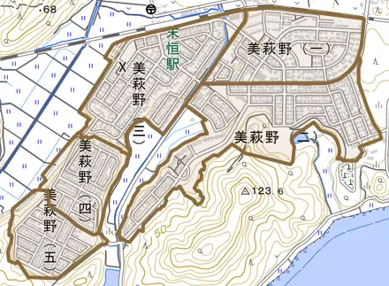 美萩野とその周辺の地図。町の範囲を重ねている