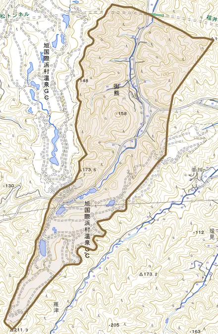 御熊とその周辺の地図。町の範囲を重ねている
