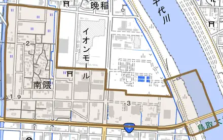 南隈とその周辺の地図。町の範囲を重ねている