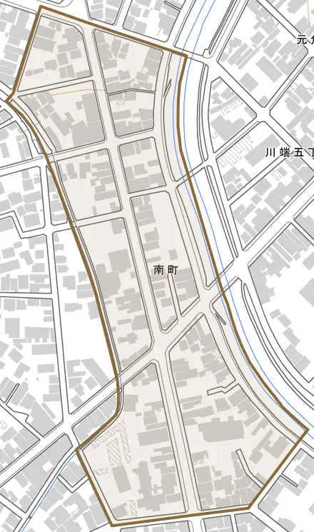 南町とその周辺の地図。町の範囲を重ねている