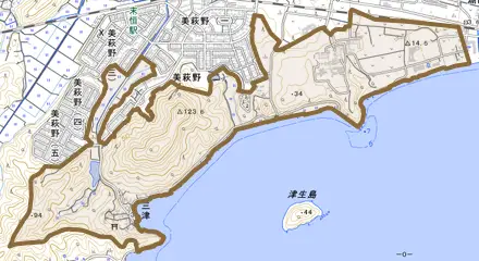 三津とその周辺の地図。町の範囲を重ねている