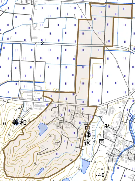美和とその周辺の地図。町の範囲を重ねている