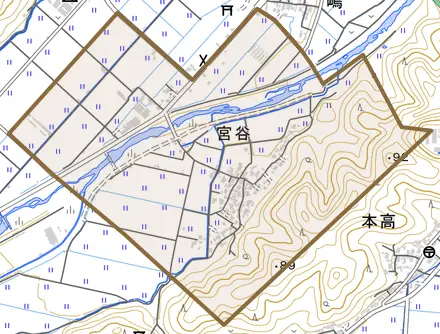 宮谷とその周辺の地図。町の範囲を重ねている
