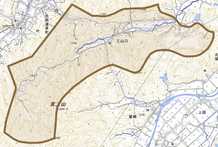 三山口とその周辺の地図。町の範囲を重ねている