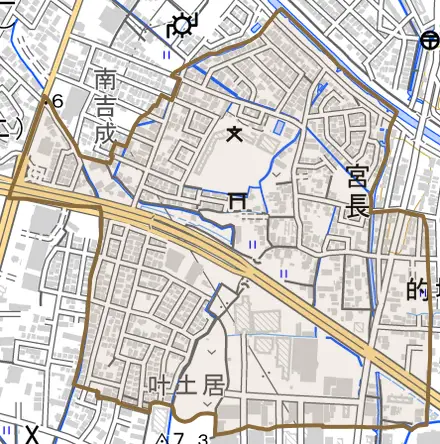 宮長とその周辺の地図。町の範囲を重ねている