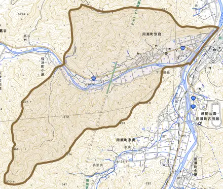 用瀬町別府とその周辺の地図。町の範囲を重ねている