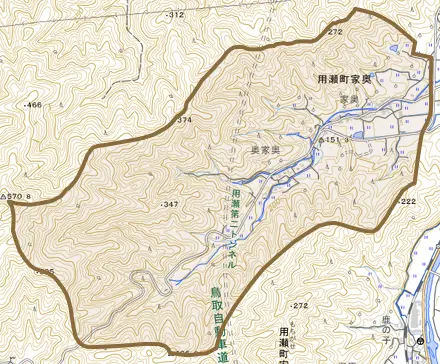 用瀬町家奥とその周辺の地図。町の範囲を重ねている