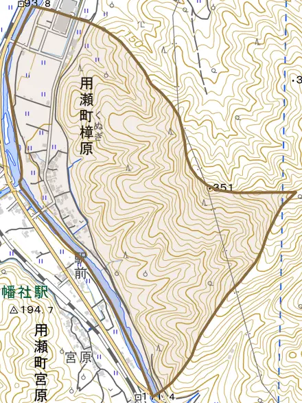 用瀬町樟原とその周辺の地図。町の範囲を重ねている