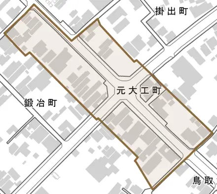 元大工町とその周辺の地図。町の範囲を重ねている
