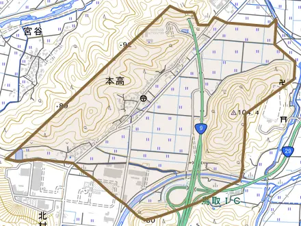 本高とその周辺の地図。町の範囲を重ねている
