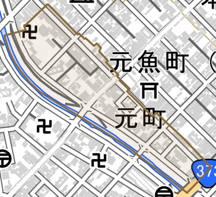 元町とその周辺の地図。町の範囲を重ねている