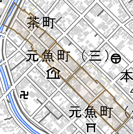 元魚町とその周辺の地図。町の範囲を重ねている
