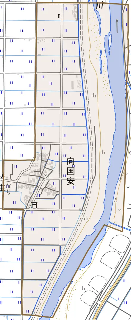 向国安とその周辺の地図。町の範囲を重ねている