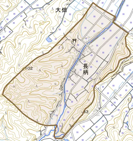 長柄とその周辺の地図。町の範囲を重ねている