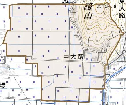 中大路とその周辺の地図。町の範囲を重ねている