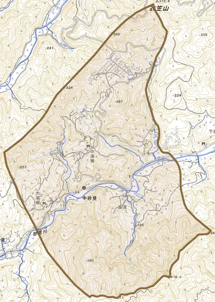 中砂見とその周辺の地図。町の範囲を重ねている