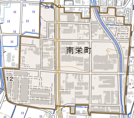 南栄町とその周辺の地図。町の範囲を重ねている