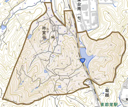 祢宜谷とその周辺の地図。町の範囲を重ねている