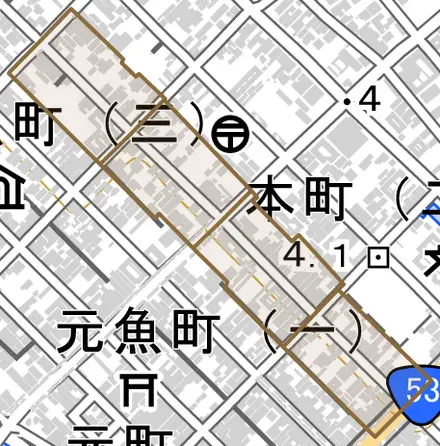 二階町とその周辺の地図。町の範囲を重ねている