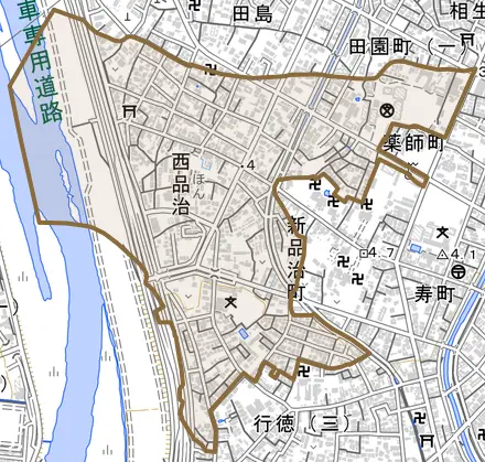 西品治とその周辺の地図。町の範囲を重ねている