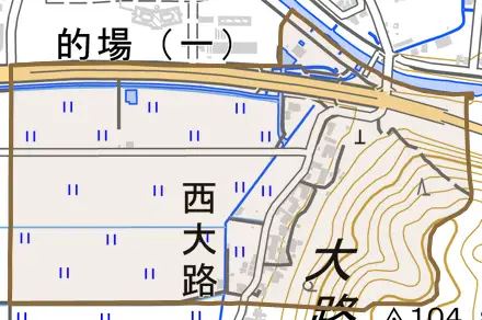 西大路とその周辺の地図。町の範囲を重ねている