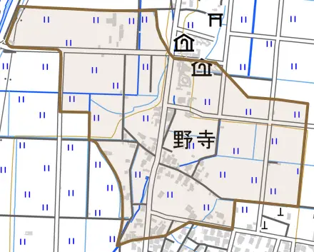 野寺とその周辺の地図。町の範囲を重ねている