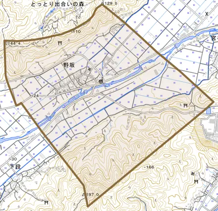 野坂とその周辺の地図。町の範囲を重ねている