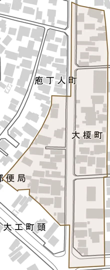 大榎町とその周辺の地図。町の範囲を重ねている
