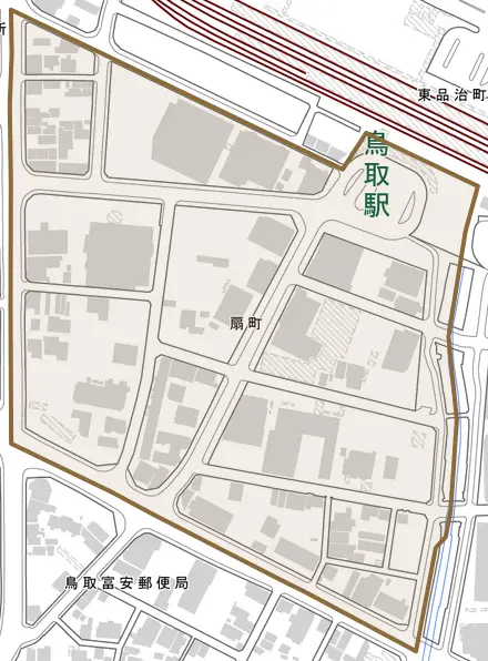 扇町とその周辺の地図。町の範囲を重ねている