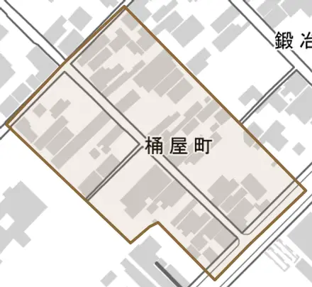 桶屋町とその周辺の地図。町の範囲を重ねている