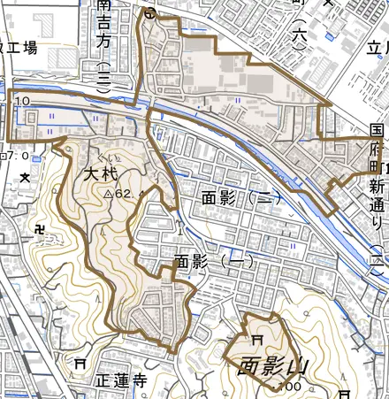 大杙とその周辺の地図。町の範囲を重ねている