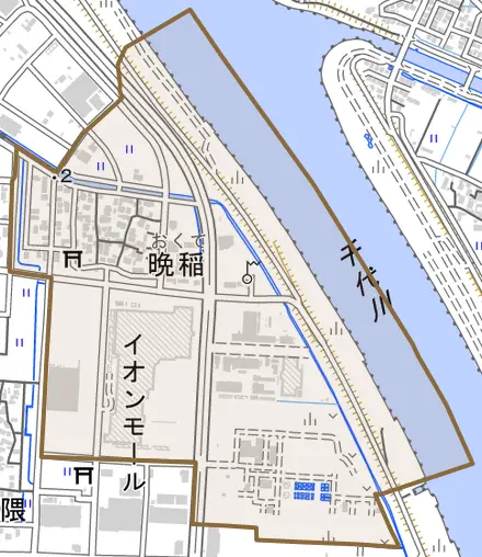 晩稲とその周辺の地図。町の範囲を重ねている