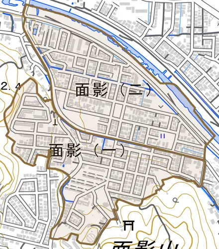 面影とその周辺の地図。町の範囲を重ねている