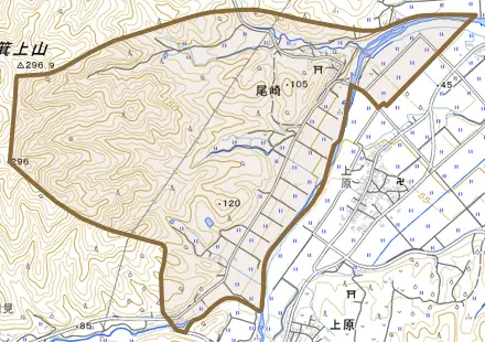 尾崎とその周辺の地図。町の範囲を重ねている