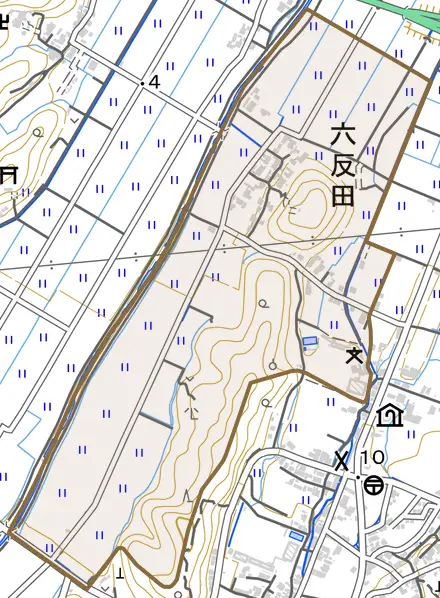 六反田とその周辺の地図。町の範囲を重ねている