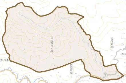 佐治町福園とその周辺の地図。町の範囲を重ねている