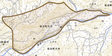 佐治町古市とその周辺の地図。町の範囲を重ねている