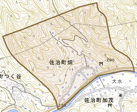 佐治町畑とその周辺の地図。町の範囲を重ねている