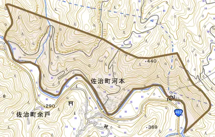 佐治町河本とその周辺の地図。町の範囲を重ねている