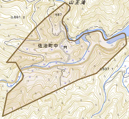 佐治町中とその周辺の地図。町の範囲を重ねている