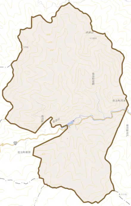 佐治町尾際とその周辺の地図。町の範囲を重ねている