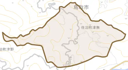 佐治町津無とその周辺の地図。町の範囲を重ねている