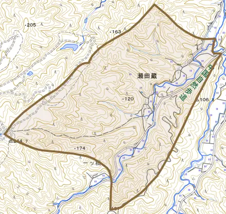 瀬田蔵とその周辺の地図。町の範囲を重ねている