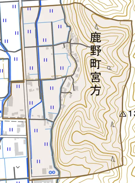 鹿野町宮方とその周辺の地図。町の範囲を重ねている