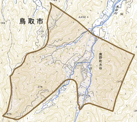 鹿野町水谷とその周辺の地図。町の範囲を重ねている