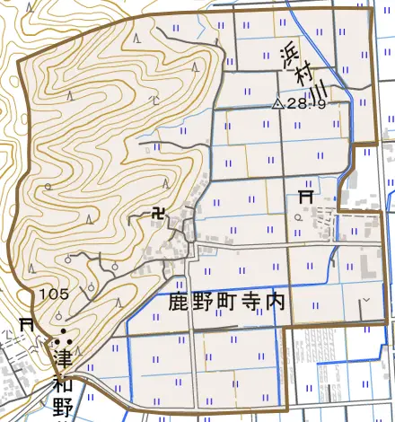 鹿野町寺内とその周辺の地図。町の範囲を重ねている