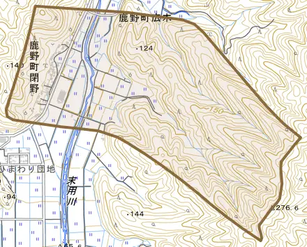 鹿野町閉野とその周辺の地図。町の範囲を重ねている